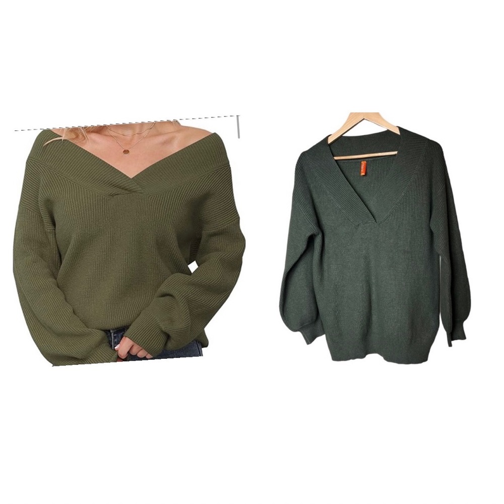 Feiersi Green Women's Off Shoulder V-Neck Long Sleeve Slouchy sweater, Size L